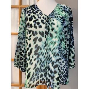 Bellefleur Printed Blouse Sz L Blue Green Chiffon 3/4 Sleeve Career City Boho